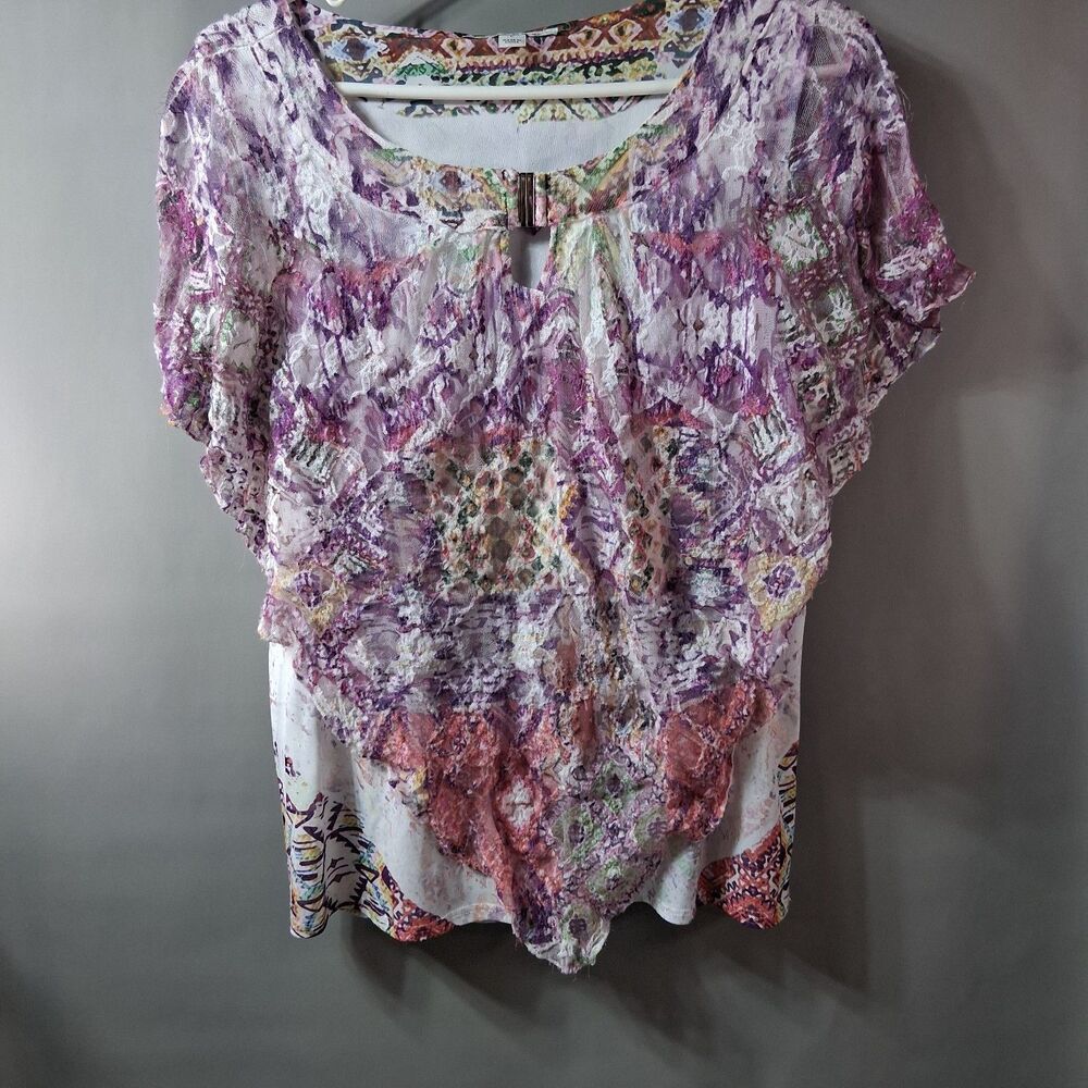 Studio Works Lace Layered Keyhole Blouse Top Large‎ Purple Boho Abstract